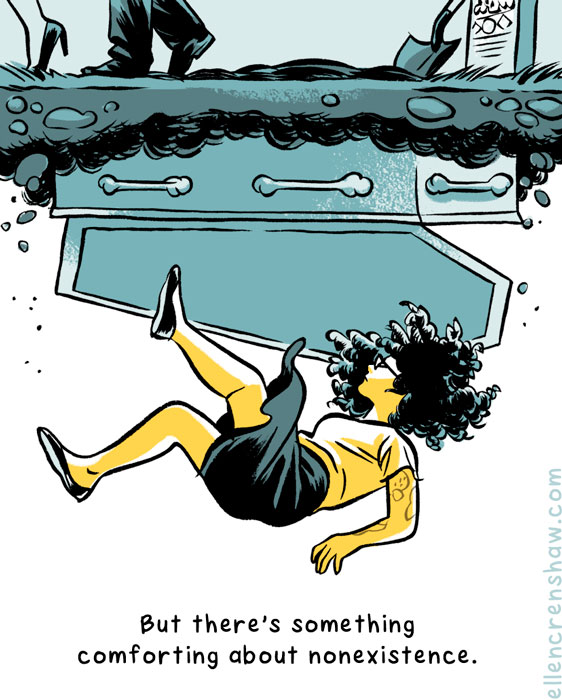 illustrated image of woman falling under a coffin into the ground below