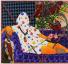 collaged painting of person sitting on couch covered in cloth and flowers