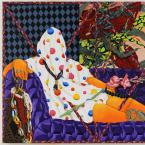 collaged painting of person sitting on couch covered in cloth and flowers
