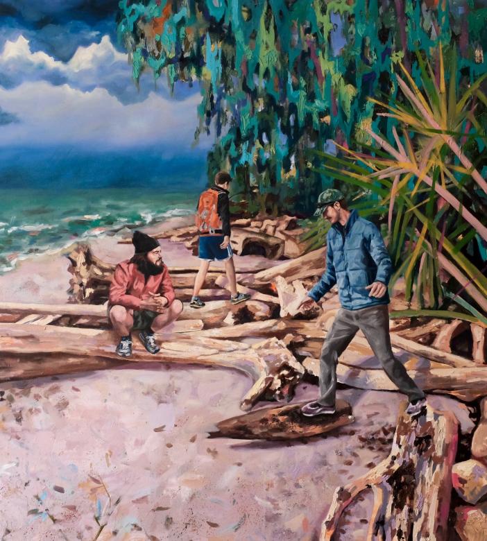 painting of people sitting on and wandering around driftwood at the beach wearing jackets