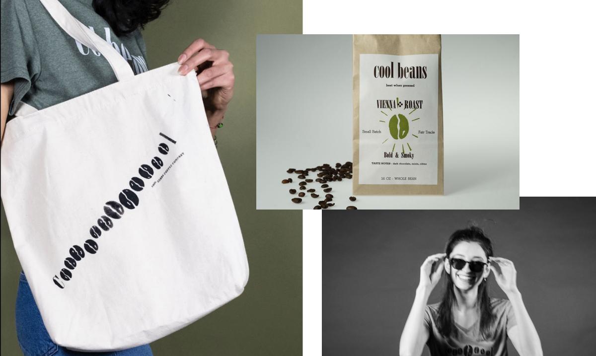 collage of pictures with bag of coffee beans, woman wearing sunglasses and gray cool beans shirt, and white tote bag with cool beans printed on it.
