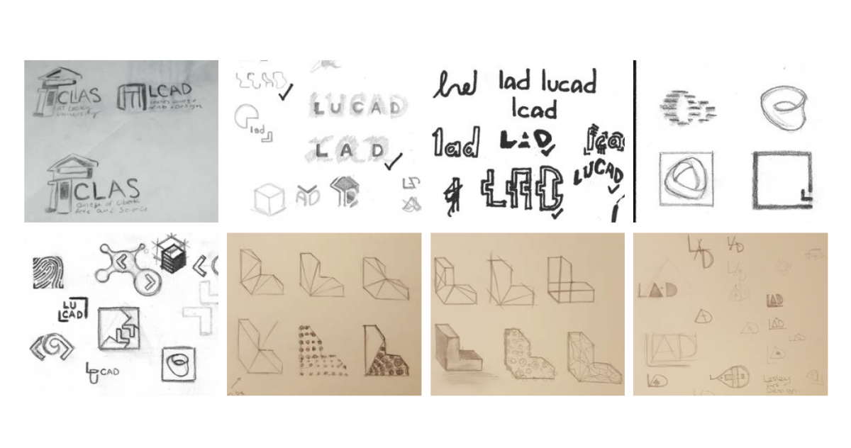 student pencil sketches of new logo options for the college of art and design