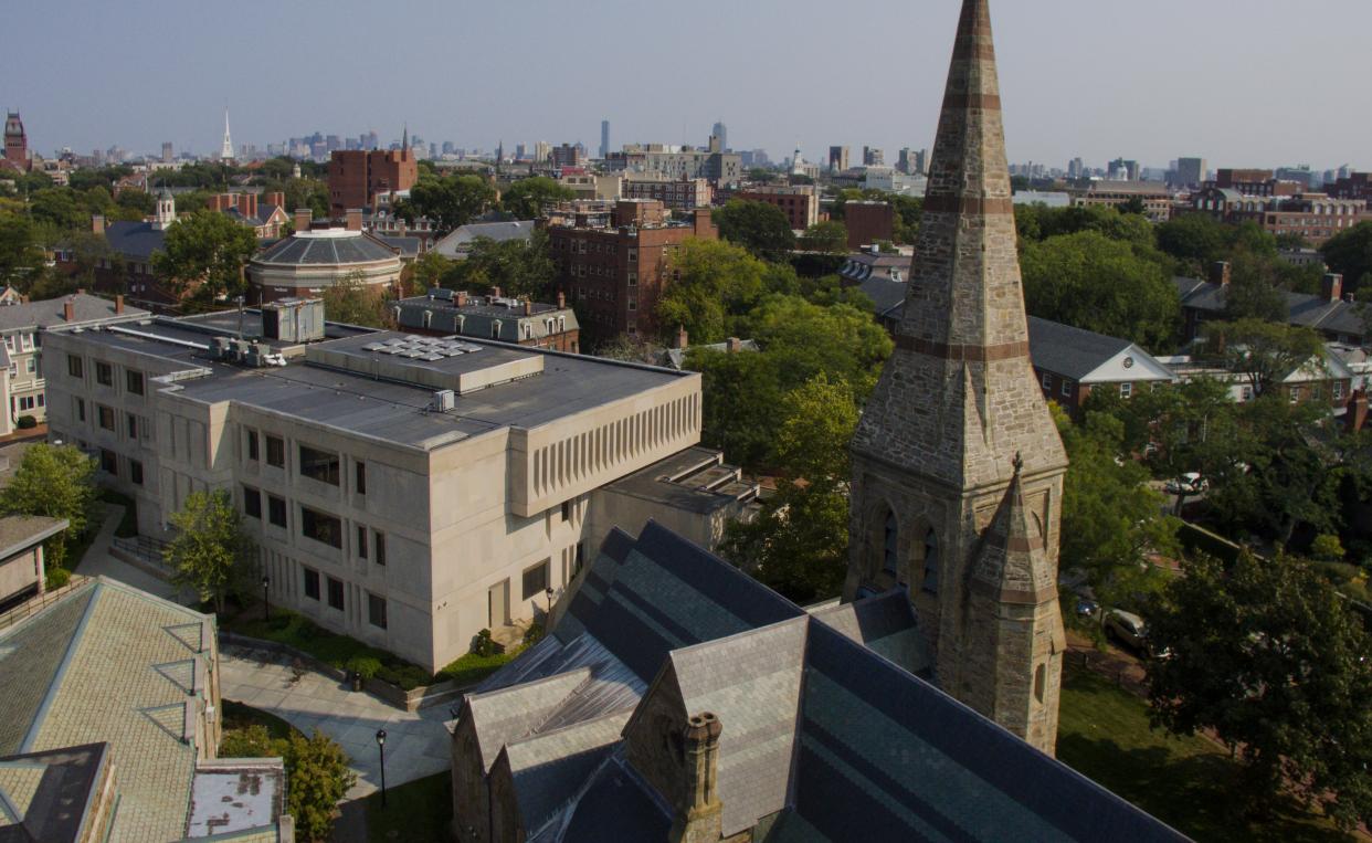 Aerial shot of Cambridge with Sherrill Library and St. John's Chapel in the foreground.