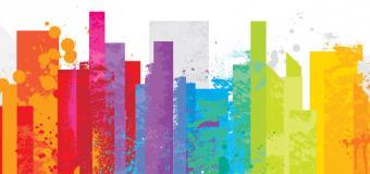 LGBT youth homelessness poster, illustrated by skyline of rainbow buildings 