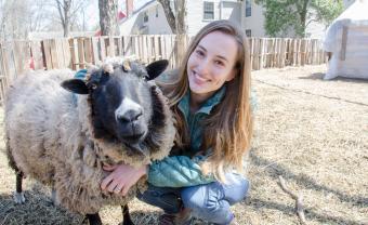 Samantha Sundermeyer '14 with a sheep at Cultivate Care Farm