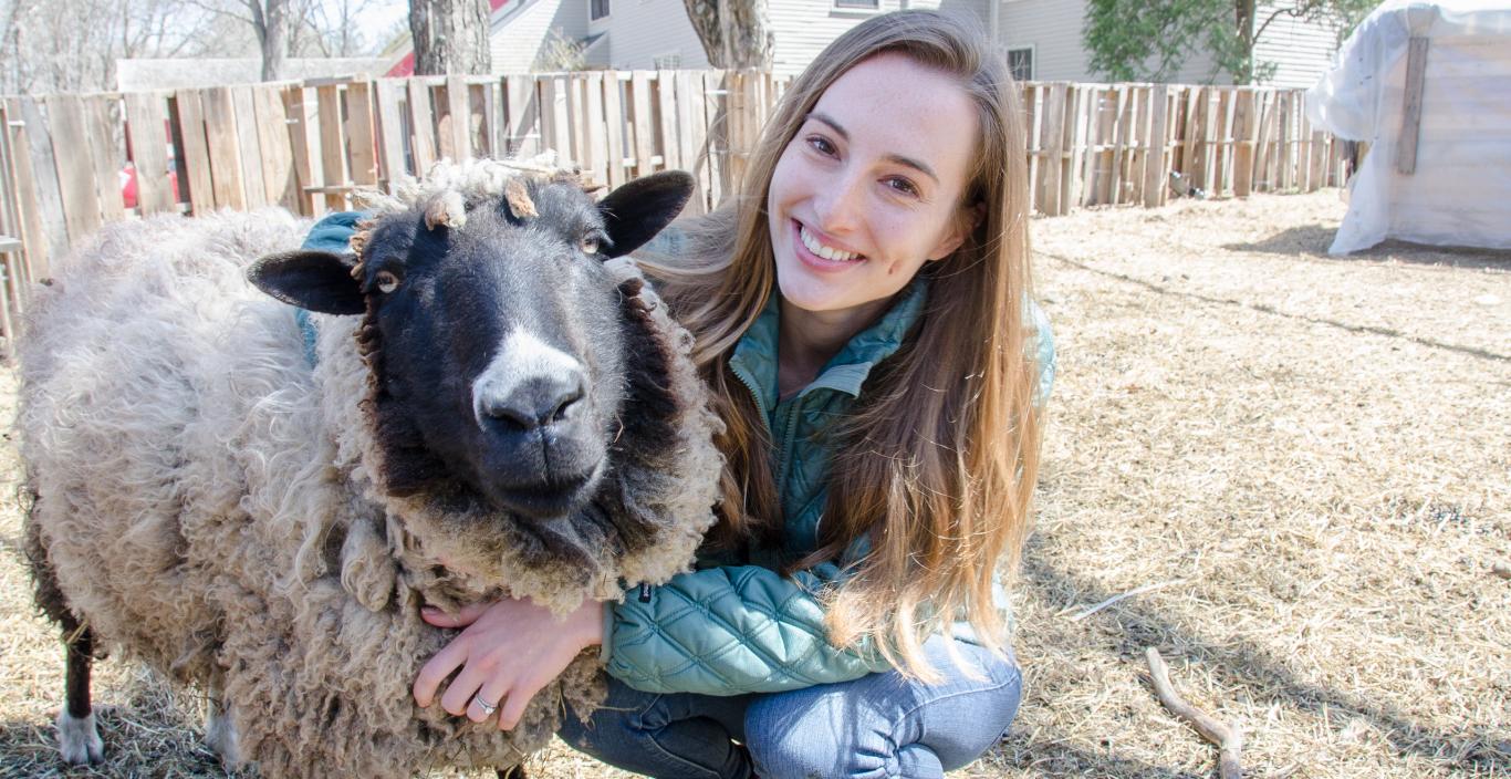 Samantha Sundermeyer '14 with a sheep at Cultivate Care Farm